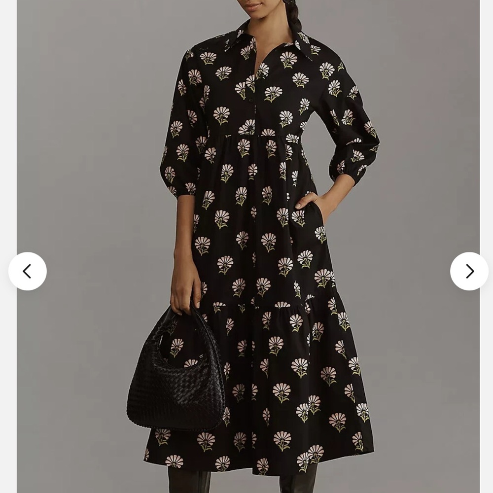 Anthropologie Black Midi Shirt Dress with Pink and Cream Floral Print